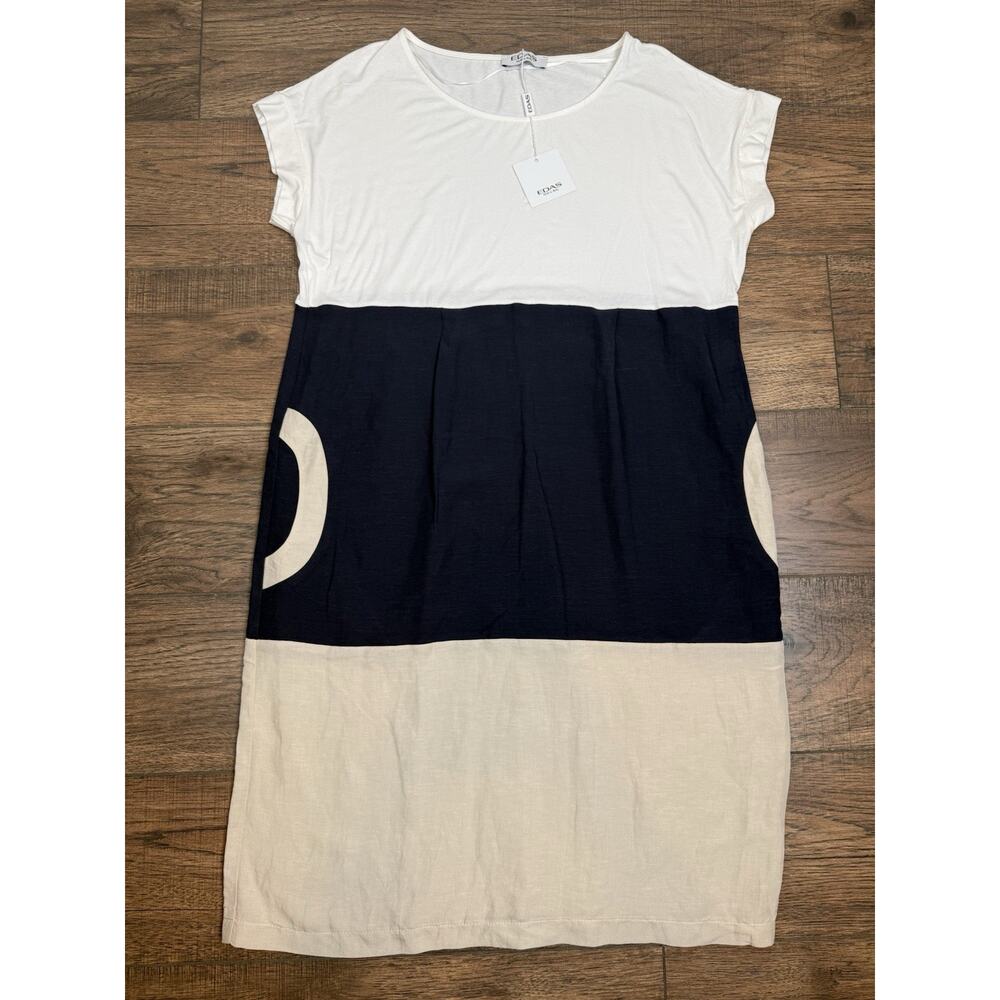 EDAS Italy Shift Dress Short Sleeve Linen Blend White Blue Women's Sz 16 NWT